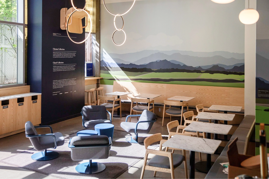 Modern interior design with chairs, tables, and a scenic wall mural.